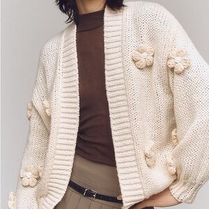 Maeve by Anthropologie Cream 3D Floral Knit Cardigan